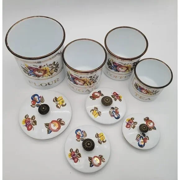 Midcentury 1960's Signed Georges Briard Fruit and Flower Enamelware Canister Set